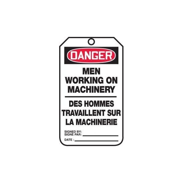 Accuform French Bilingual Safety Tags, DANGER MEN WORKING ON MACHINERY, 5.75in x 3.25in, RP-Plastic, 25PK TCF184PTP - main